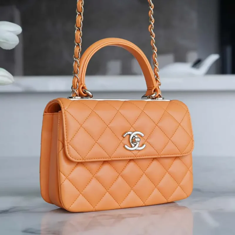 Chanel Women Mini Flap Bag with Top Handle Lambskin-Orange