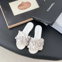 Chanel Women Mules Suede Kidskin Strass-White G46231 (1)