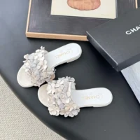 Chanel Women Mules Suede Kidskin Strass-White G46231 (1)