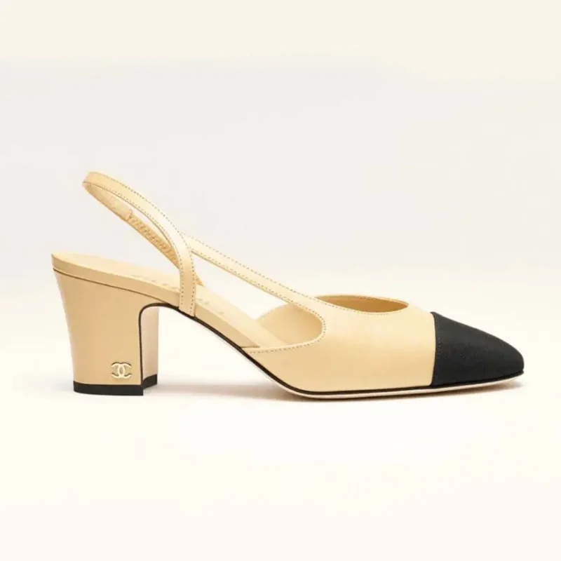 Chanel Women Slingbacks Goatskin Grosgrain Beige & Black G31318