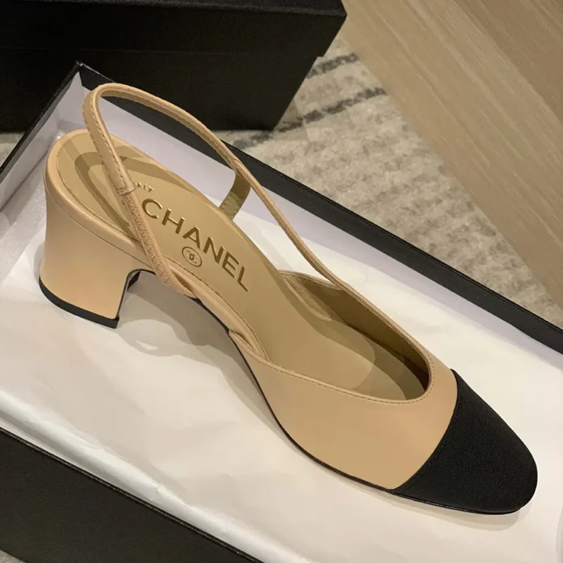 Chanel Women Slingbacks Goatskin Grosgrain Beige & Black G31318
