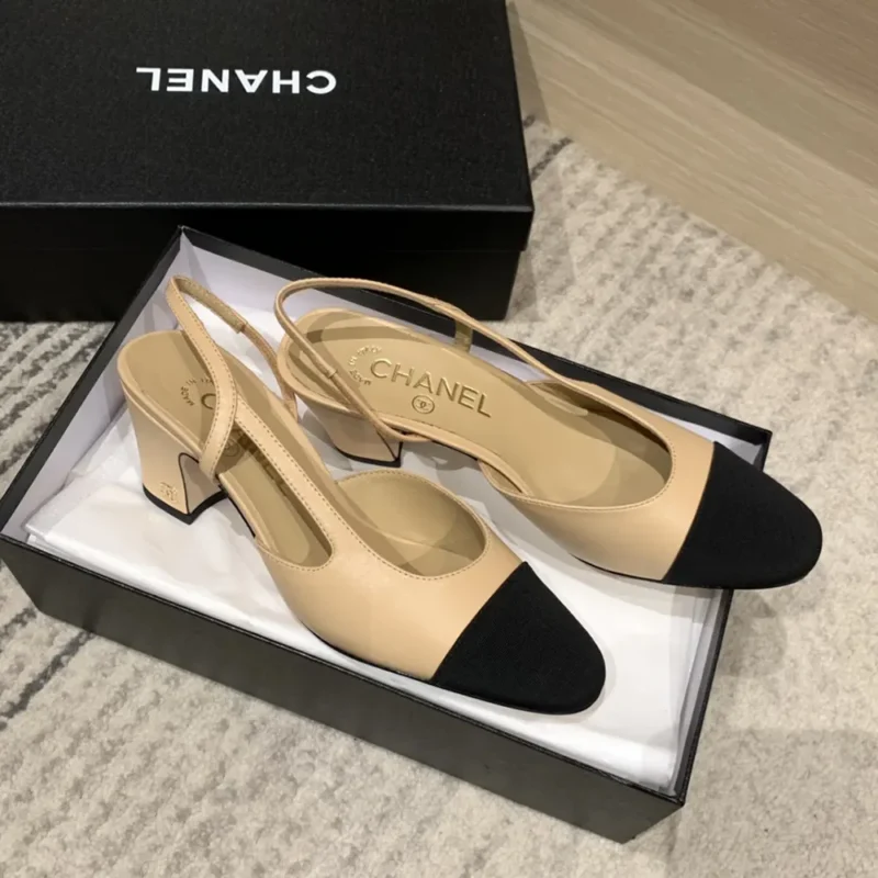 Chanel Women Slingbacks Goatskin Grosgrain Beige & Black G31318