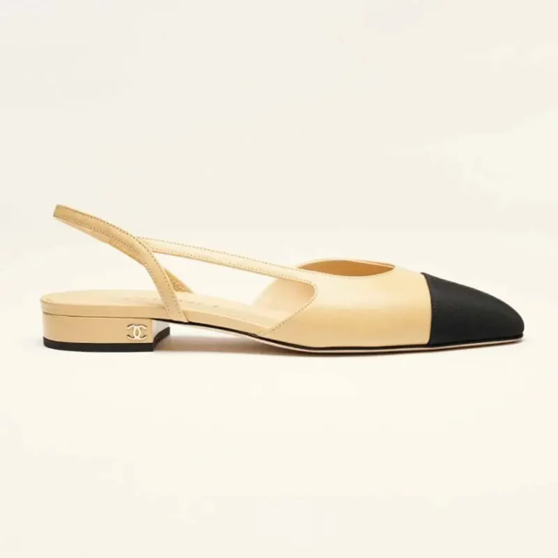 Chanel Women Slingbacks Goatskin Grosgrain-Beige & Black G31319