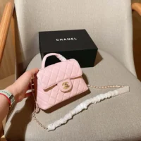 Chanel Women Small Flap Bag with Top Handle Lambskin Gold Tone Metal-Light Pink (1)