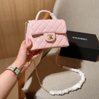 Chanel Women Small Flap Bag with Top Handle Lambskin Gold Tone Metal-Light Pink (1)