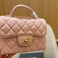 Chanel Women Small Flap Bag with Top Handle Lambskin Gold Tone Metal-Light Pink (1)