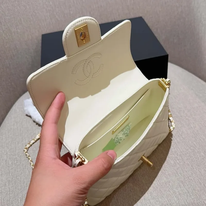 Chanel Women Small Flap Bag with Top Handle Lambskin Gold Tone Metal-White