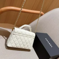 Chanel Women Small Flap Bag with Top Handle Lambskin Gold Tone Metal-White (1)