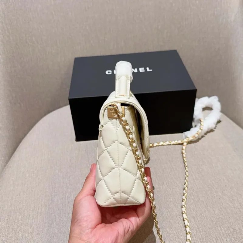 Chanel Women Small Flap Bag with Top Handle Lambskin Gold Tone Metal-White