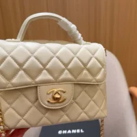 Chanel Women Small Flap Bag with Top Handle Lambskin Gold Tone Metal-White (1)