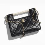 Chanel Women Small Shopping Bag Shiny Lambskin Imitation Pearls Gold Tone Metal