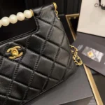 Chanel Women Small Shopping Bag Shiny Lambskin Imitation Pearls Gold Tone Metal