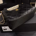 Chanel Women Small Shopping Bag Shiny Lambskin Imitation Pearls Gold Tone Metal