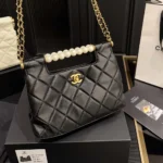 Chanel Women Small Shopping Bag Shiny Lambskin Imitation Pearls Gold Tone Metal
