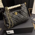 Chanel Women Small Shopping Bag Shiny Lambskin Imitation Pearls Gold Tone Metal