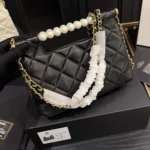 Chanel Women Small Shopping Bag Shiny Lambskin Imitation Pearls Gold Tone Metal