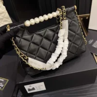 Chanel Women Small Shopping Bag Shiny Lambskin Imitation Pearls Gold Tone Metal (1)