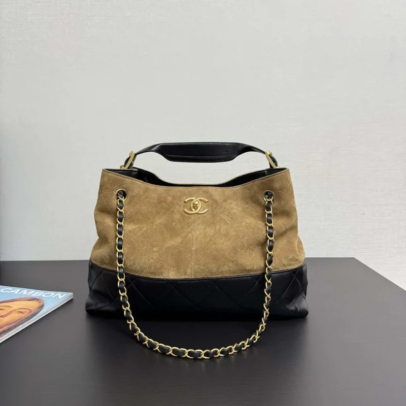 Chanel Women Small Shopping Bag Suede Calfskin Shiny Lambskin Gold Tone Metal