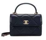 Chanel Women Small Trendy CC Flap Bag with Top Handle Lambskin-Navy