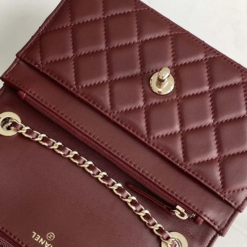 Chanel Women Wallet On Chain Lambskin Imitation Pearls Gold Metal-Maroon