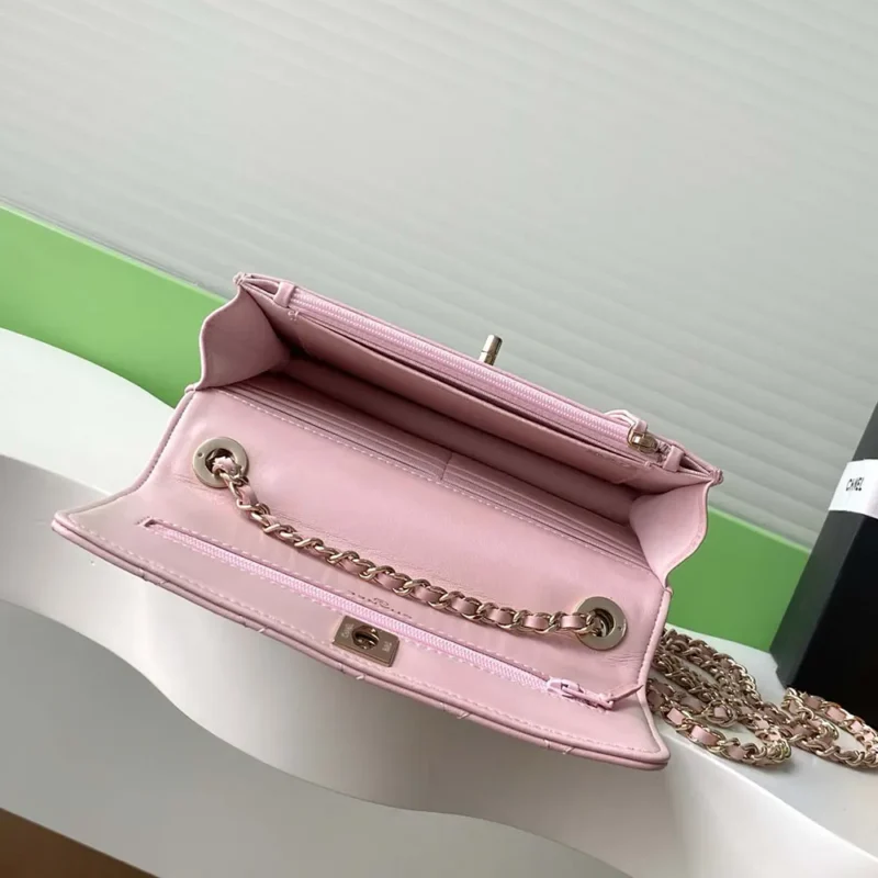 Chanel Women Wallet On Chain Lambskin Imitation Pearls Gold Metal-Pink