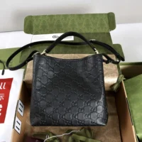 Gucci Women GG Emblem Small Bucket Bag-Black 815118 (1)