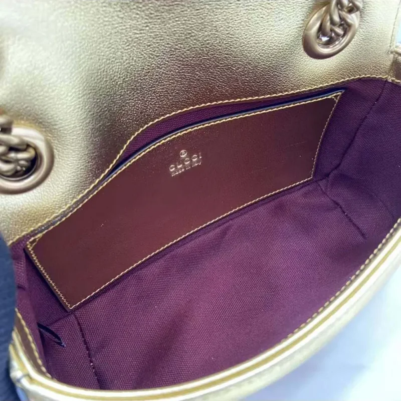 Gucci Women GG Marmont Small Shoulder Bag Double G Metallic Gold Leather