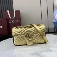 Gucci Women GG Marmont Small Shoulder Bag Double G Metallic Gold Leather (1)