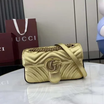 Gucci Women GG Marmont Small Shoulder Bag Double G Metallic Gold Leather