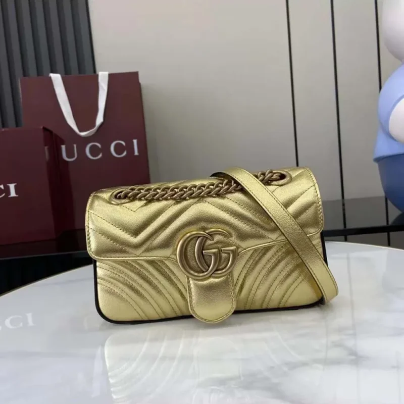 Gucci Women GG Marmont Small Shoulder Bag Double G Metallic Gold Leather