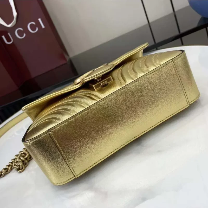 Gucci Women GG Marmont Small Shoulder Bag Double G Metallic Gold Leather