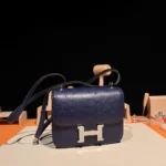 Hermes Women Constance 19 Bag Nata Ostrich Leather-Navy/Silver
