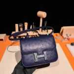 Hermes Women Constance 19 Bag Nata Ostrich Leather-Navy/Silver