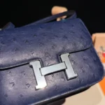 Hermes Women Constance 19 Bag Nata Ostrich Leather-Navy/Silver