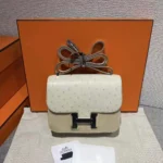 Hermes Women Constance 19 Bag Nata Ostrich Leather-White/Silver