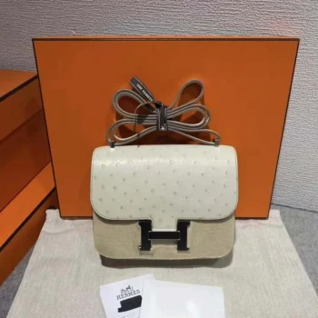 Hermes Women Constance 19 Bag Nata Ostrich Leather-White/Silver