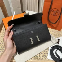 Hermes Women Constance Long To Go in Epsom Leather-BlackSilver (1)