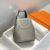 Hermes Women In the Loop 18 Handbag Clemence Leather-GrayGold (1)