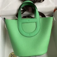 Hermes Women In the Loop 18 Handbag Clemence Leather-GreenSilver (1)