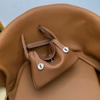 Hermes Women Lindy 30 in Clemence Leather-BrownSilver (1)