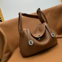 Hermes Women Lindy 30 in Clemence Leather-BrownSilver (1)