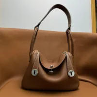 Hermes Women Lindy 30 in Clemence Leather-BrownSilver (1)