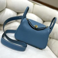 Hermes Women Lindy Mini 19 in Clemence Leather-BlueGold (1)