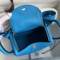 Hermes Women Lindy Mini 19 in Clemence Leather-BlueSilver