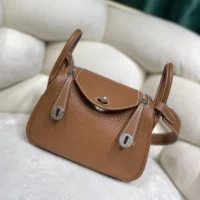 Hermes Women Lindy Mini 19 in Clemence Leather-BrownSilver (9)
