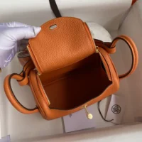 Hermes Women Lindy Mini 19 in Clemence Leather-OrangeGold (1)