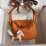 Hermes Women Lindy Mini 19 in Clemence Leather-Orange/Gold