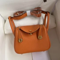 Hermes Women Lindy Mini 19 in Clemence Leather-OrangeGold (1)