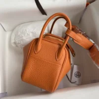 Hermes Women Lindy Mini 19 in Clemence Leather-OrangeGold (1)