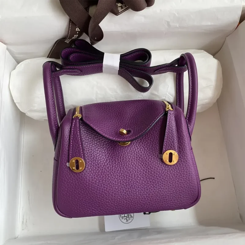 Hermes Women Lindy Mini 19 in Clemence Leather-Purple/Gold